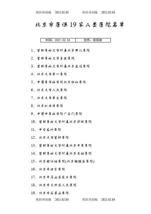 北京市医保19家A类医院、专科医院和中医医院名单之欧阳体创编