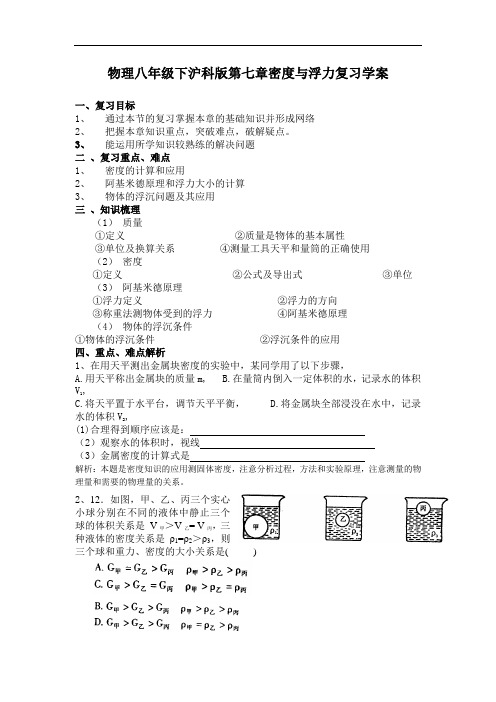 八年级物理教案-物理八年级下沪科版第七章密度与浮力复习学案 精品