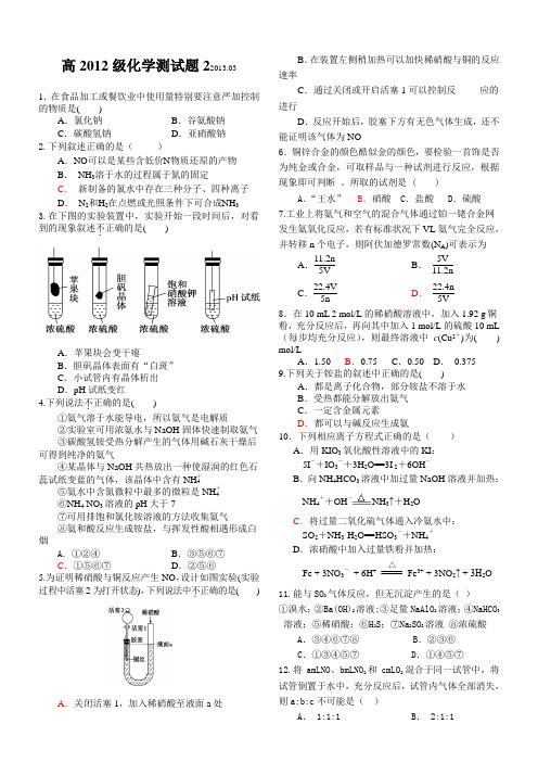 高2012级化学测试题(二)氨、硝酸、硫酸