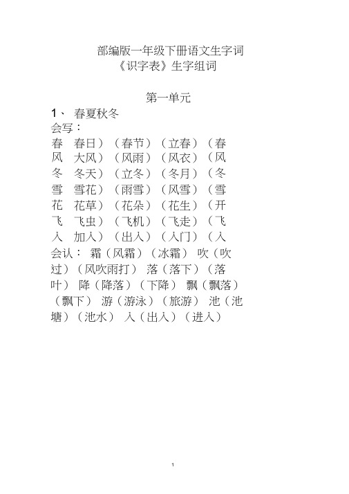 部编版一年级下册语文生字词《识字表》生字组词