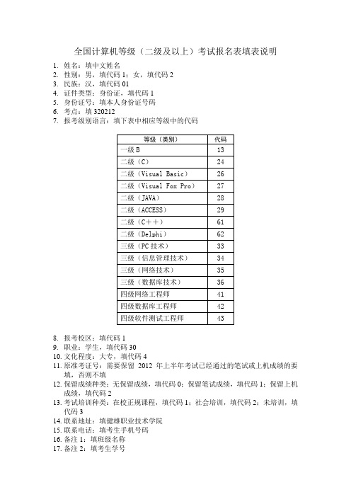 全国计算机等级(二级及以上)考试报名表填表说明