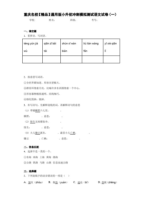 小学重庆名校通用版小升初冲刺模拟测试语文试卷(一)(含答案解析)