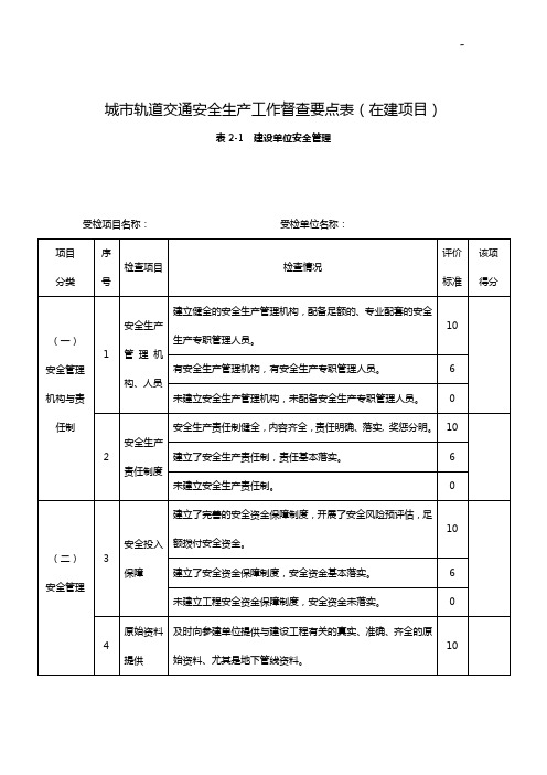 城市轨道交通安全生产工作督查要点表