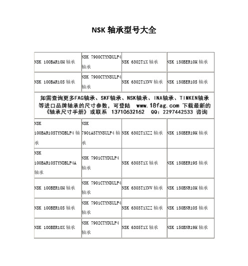 NSK轴承型号大全