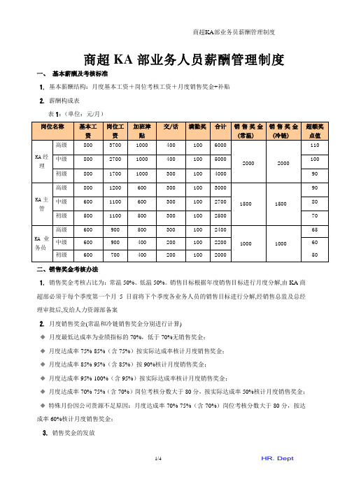 商超KA部业务人员薪酬管理制度