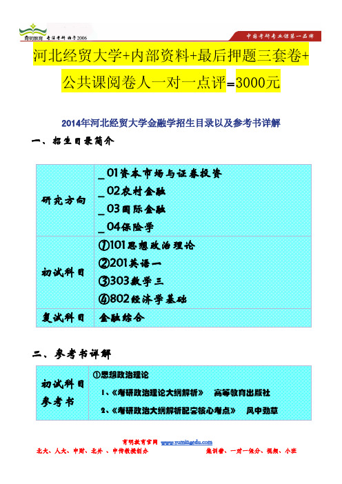 2014年河北经贸大学金融学招生目录以及参考书详解