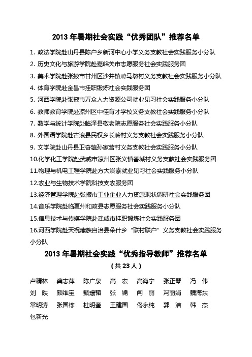 2013年暑期社会实践推优名单