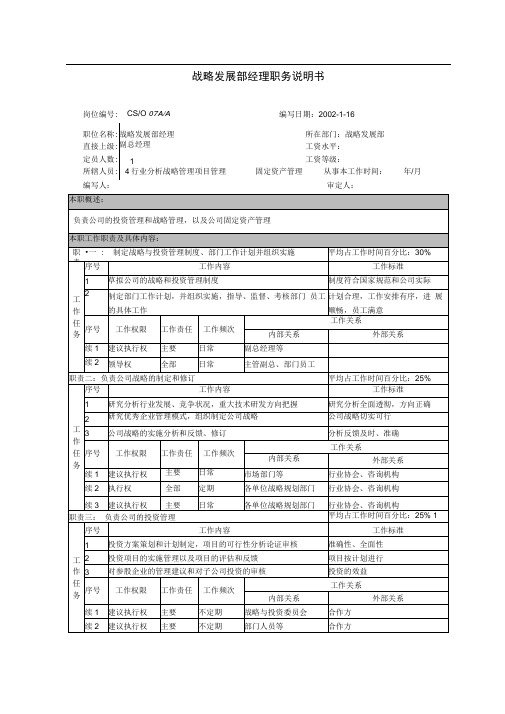 战略发展部经理职务说明书