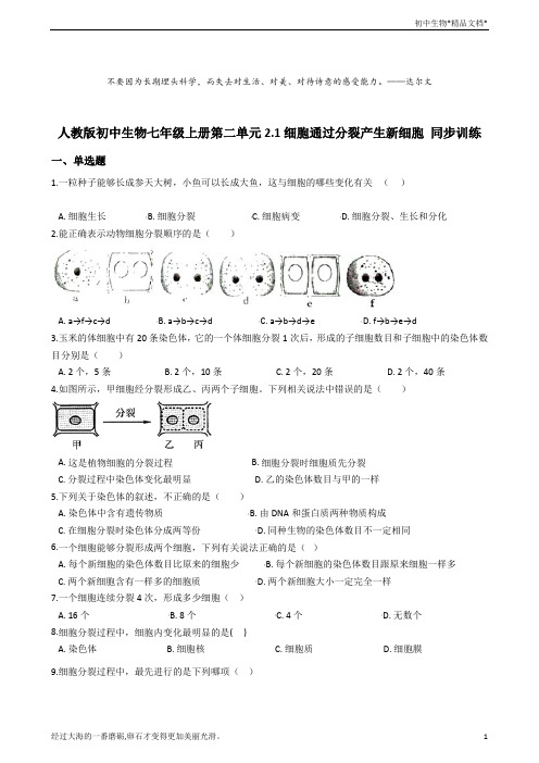 人教版初中生物七年级上册2.2.1细胞通过分裂产生新细胞 同步训练