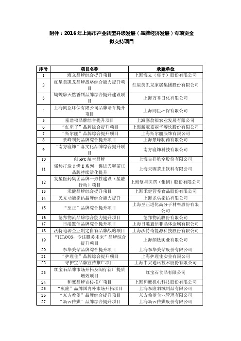 2016年上海产业转型升级发展品牌经济发展专项资金拟支持项目