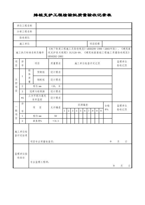 排桩支护工程检验批质量验收记录表