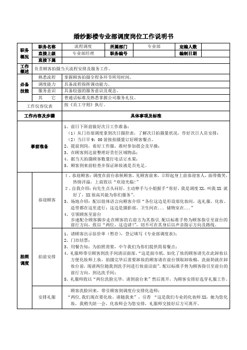 婚纱影楼专业部调度岗位工作说明书