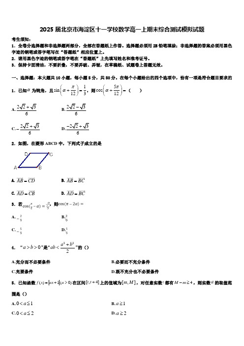 2025届北京市海淀区十一学校数学高一上期末综合测试模拟试题含解析