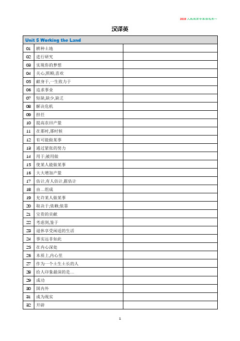 2019人教版高中英语选修一Unit 5 Working the Land短语英汉互译表