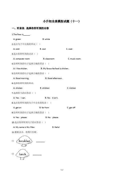 人教 (PEP)2019-2020年六年级下册英语小升初全真模拟试题(十一)  含答案