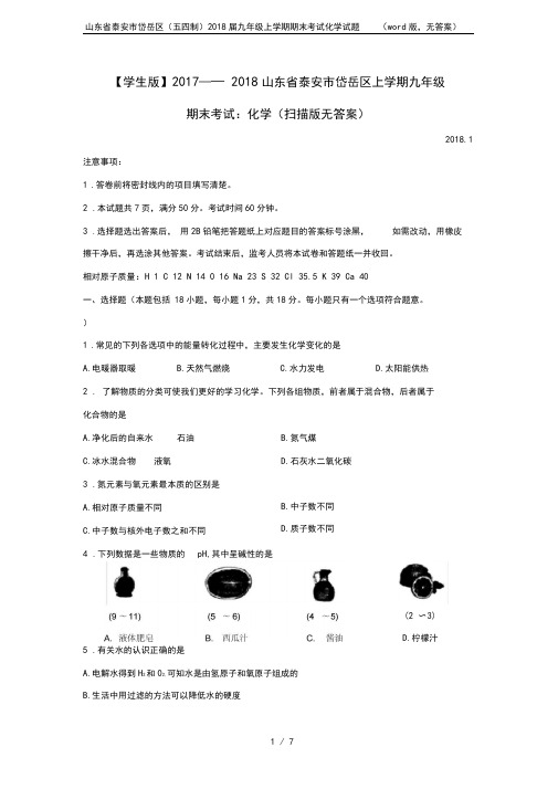 山东省泰安市岱岳区(五四制)2018届九年级上学期期末考试化学试题(word版,无答案)