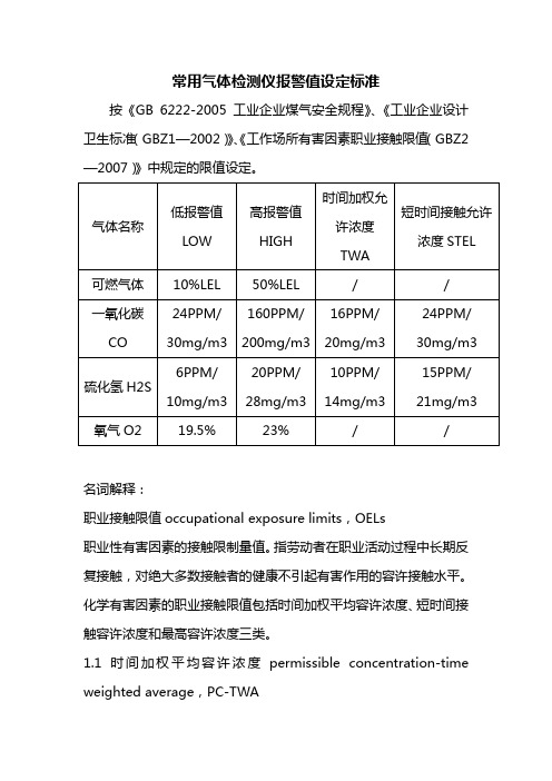 四合一气体检测仪报警值设定标准