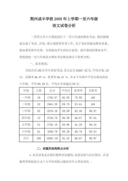 荆州成丰学校2005年上学期一至六年级语文试卷分析