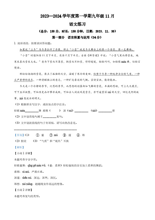 江苏省宿迁市沭阳县怀文中学2023-2024学年九年级上学期11月月考语文试题(解析版)