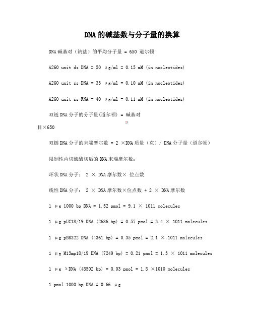 DNA的碱基数与分子量的换算