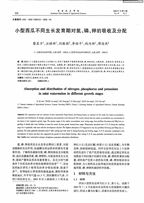 小型西瓜不同生长发育期对氮、磷、钾的吸收及分配