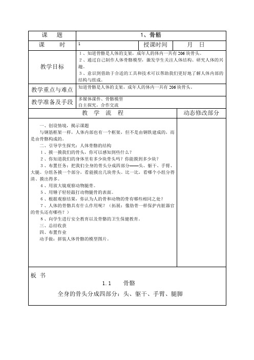 苏教版四年级科学下学期骨骼