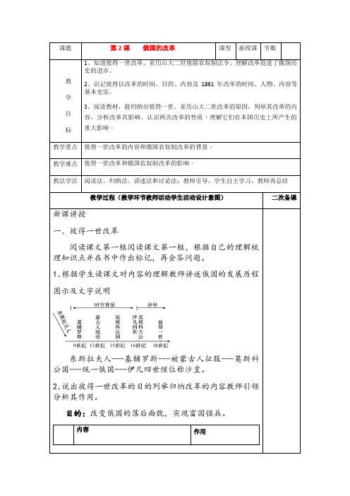 人教部编版九年级历史下册第2课 俄国的改革教案