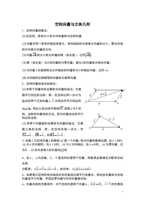 高二数学选修2-1第三章空间向量与立体几_知识点+习题+答案