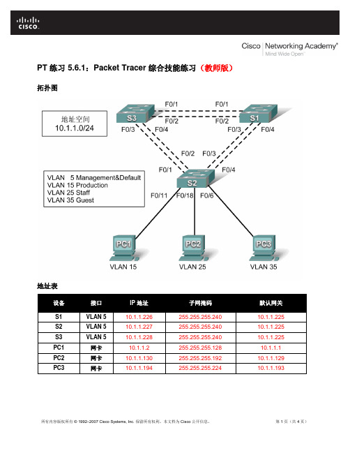 PT 练习 5.6.1：Packet Tracer 综合技能练习(教师版)