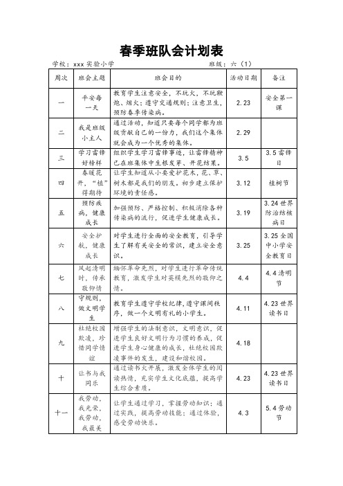 春季班队会计划表