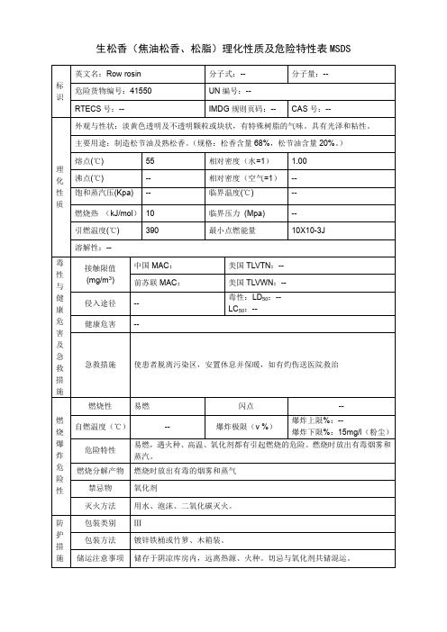 生松香(焦油松香、松脂)理化性质及危险特性表MSDS