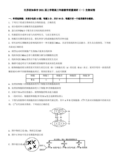 江苏省如皋市2021届上学期高三年级教学质量调研(一)生物试卷