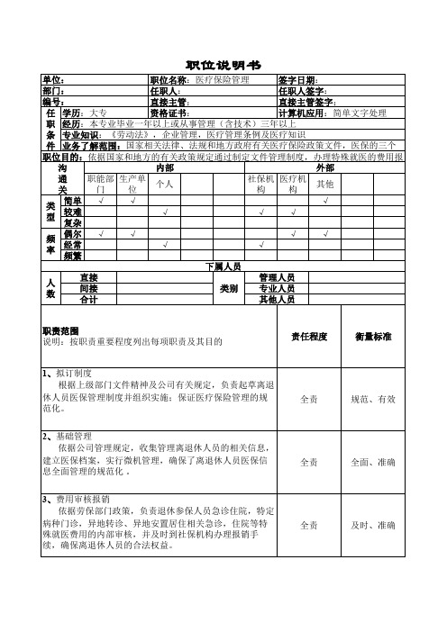 医疗保险管理岗位说明书