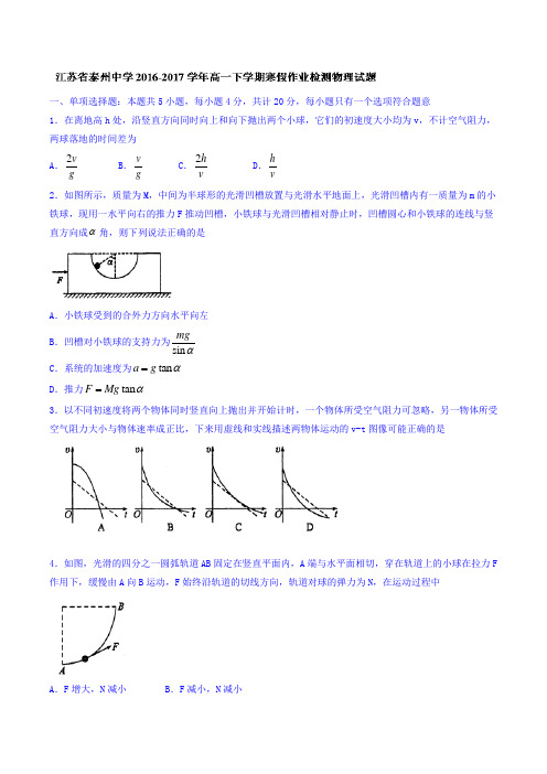 江苏省泰州中学高一下学期寒假作业检测物理试题 含答案