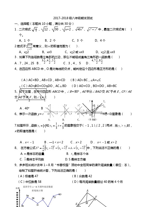 2018年八年级下册数学期末试卷及答案(新人教版) - 副本