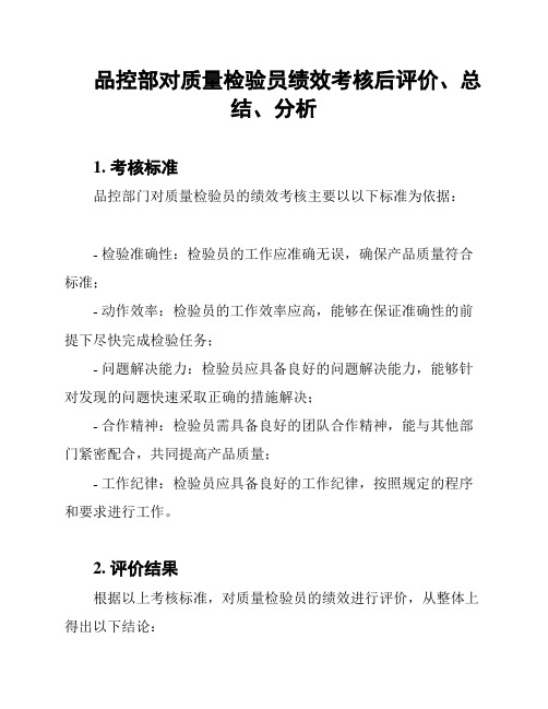 品控部对质量检验员绩效考核后评价、总结、分析