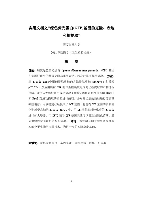 实用文档之绿色荧光蛋白(GFP)基因的克隆、表达和粗提取