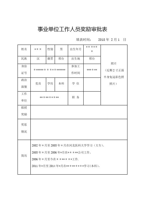 事业单位工作人员奖励审批表【范本模板】