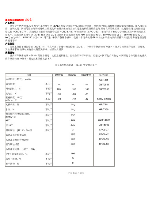 GL-5 85W90重负荷齿轮油质量指标