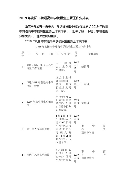 2019年衡阳市普通高中学校招生主要工作安排表