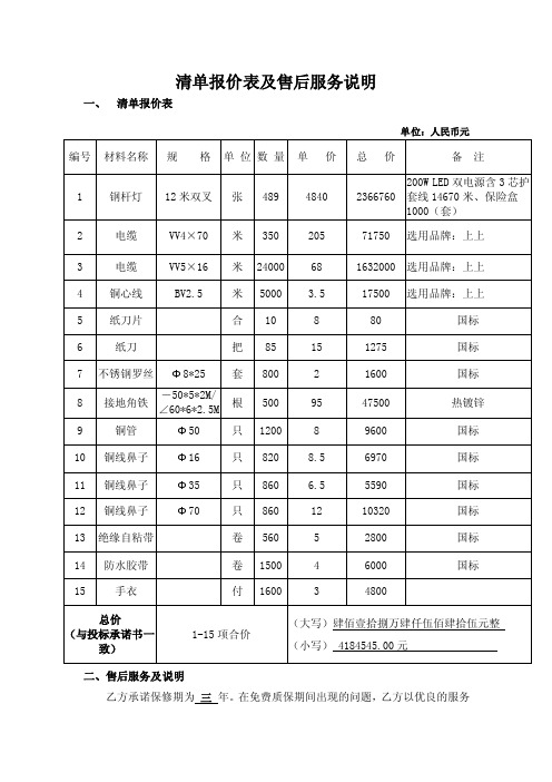 清单报价表及售后服务说明