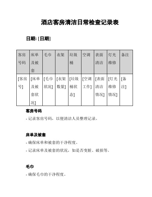 酒店客房清洁日常检查记录表