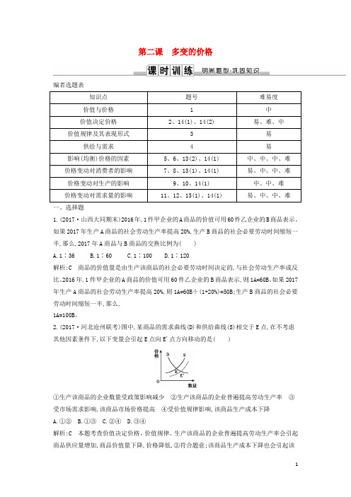 高考政治第一轮复习 第一单元 生活与消费 第二课 多变的价格课时训练 新人教版必修1