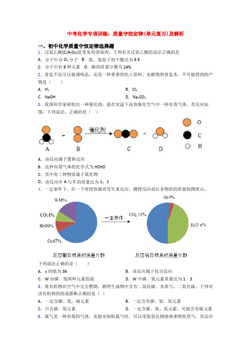 中考化学专项训练：质量守恒定律(单元复习)及解析