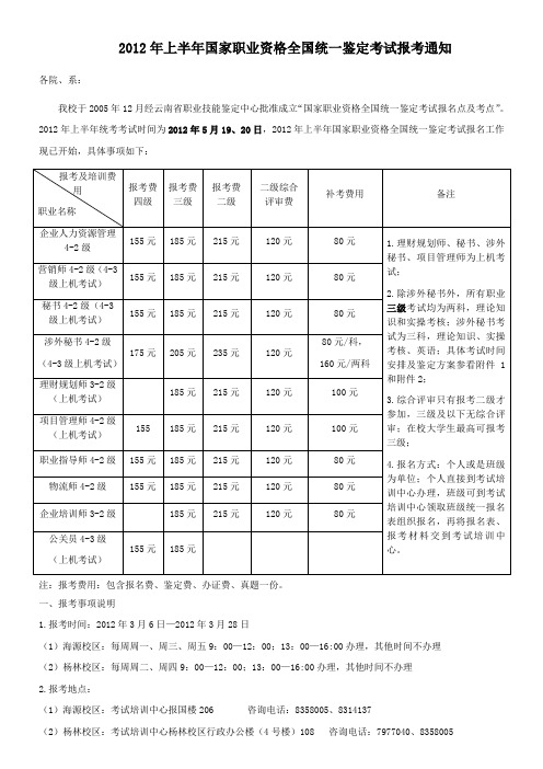 2012年5月国家职业资格统考报考的通知