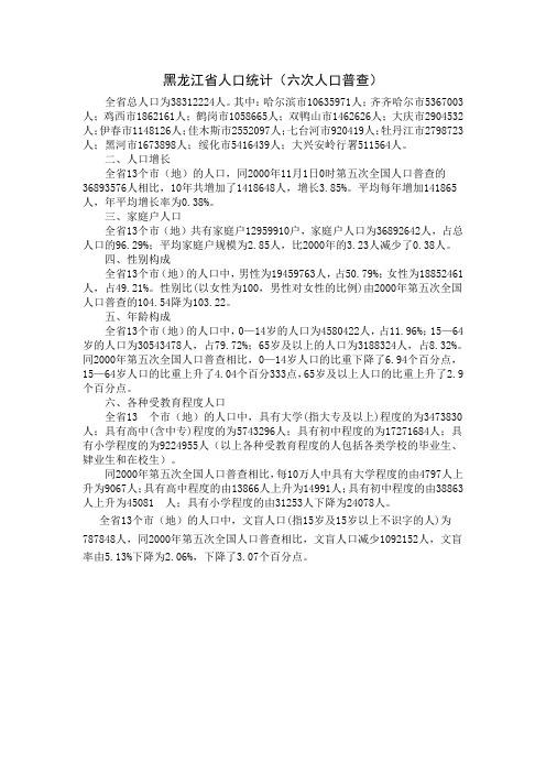 黑龙江省人口统计(六次人口普查)