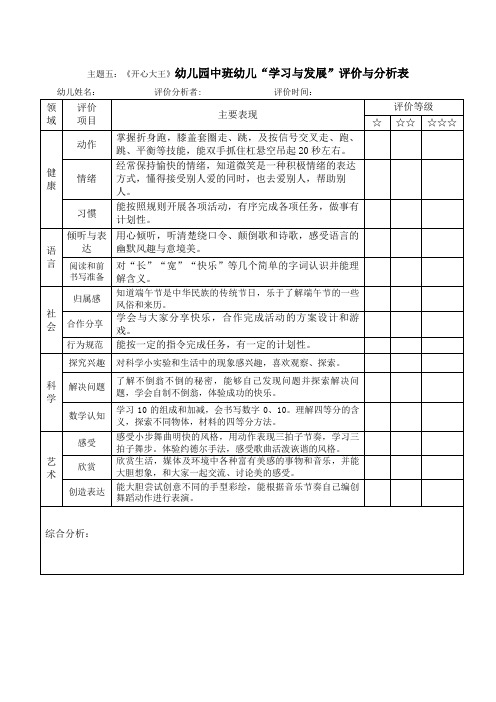 主题五《开心大王》幼儿园中班幼儿“学习与发展”评价与分析表