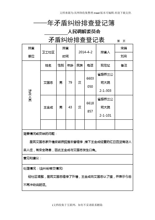 矛盾纠纷排查登记簿