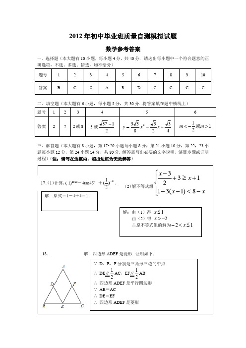 2012年初中毕业班质量自测模拟试参考答案