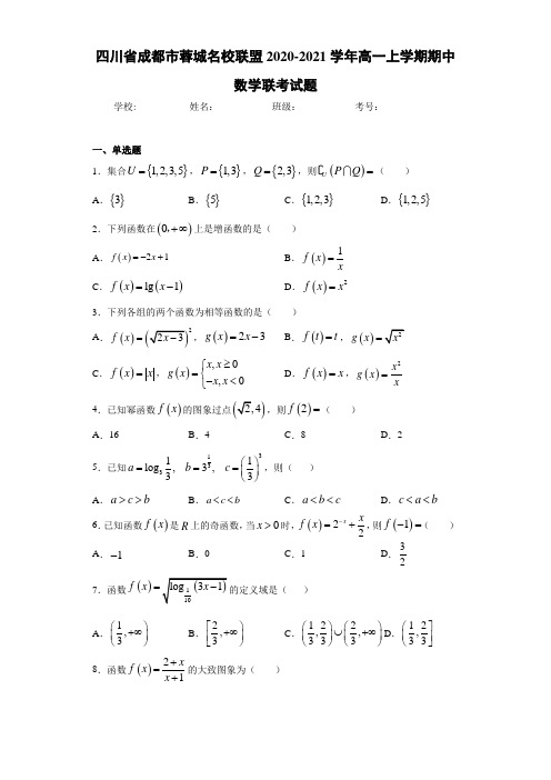 四川省成都市蓉城名校联盟2020-2021学年高一上学期期中数学联考试题